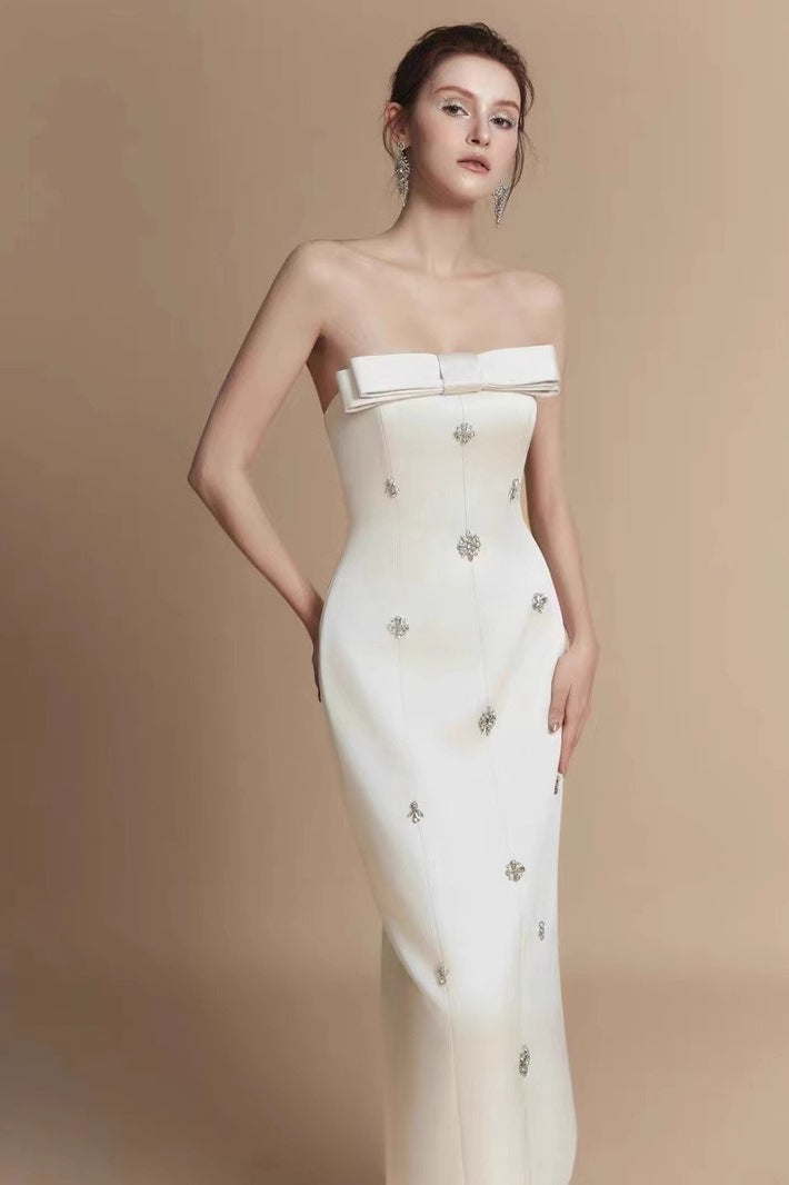 Crystal Embellished Bow Strapless Column Midi Dress 3