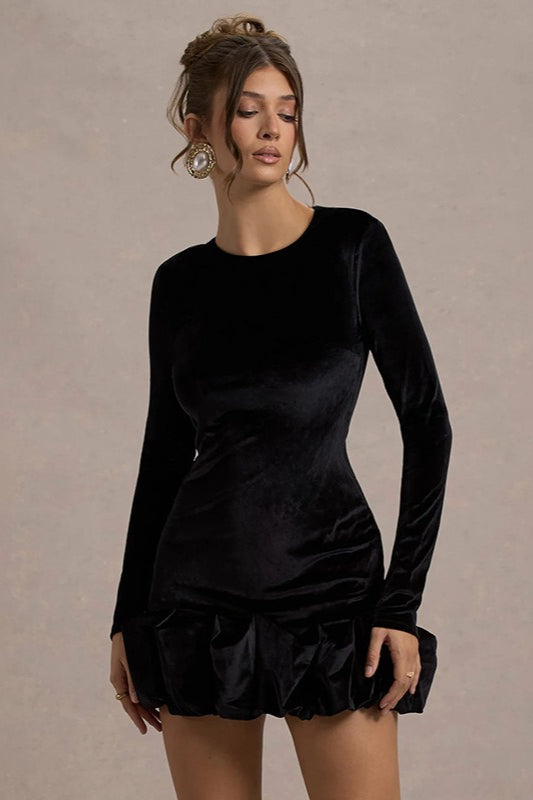 Luxe Velvet Crew Neck Pleated Long Sleeve Mini Dress - View 6