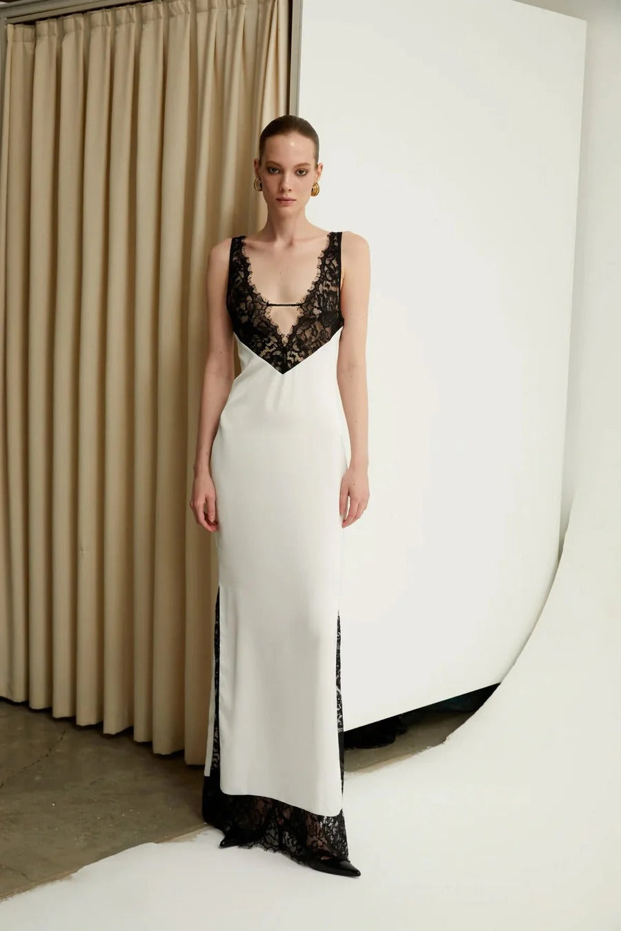Satin Lace-Trim V-Neck Spaghetti Strap Slip Maxi Dress