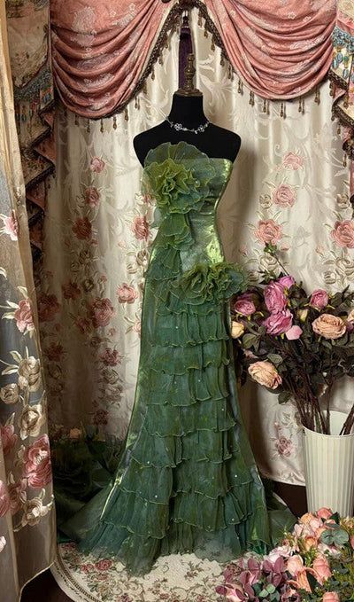 Vintage Green Strapless Satin Tulle Layered Ruffle Mermaid Long Prom Dress Evening Gown - Fashionpara