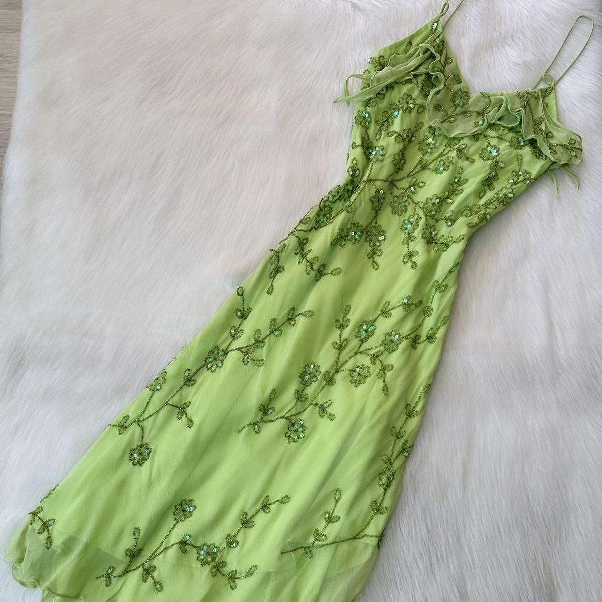 Glamorous Pale Green Spaghetti Straps Chiffon Beaded Sequin Long Evening Dress Prom Gown D854