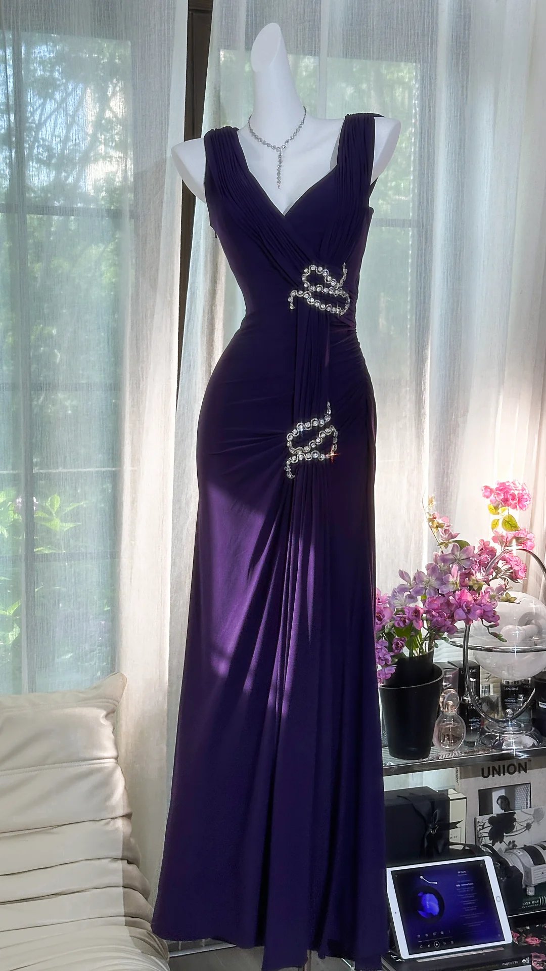 Pretty V Neck Purple Chiffon Beaded Mermaid Party Dress Formal Birthday Prom Dress D1171