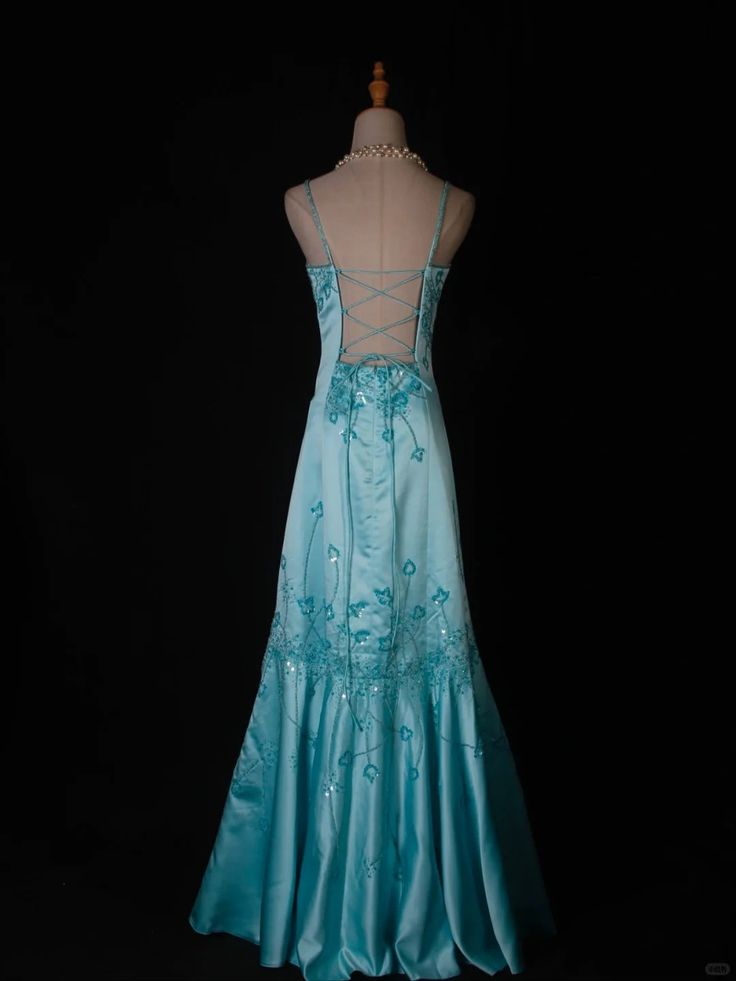 Stylish Spaghetti Straps Ombre Blue Satin Sequin Beaded Mermaid Long Evening Dress Party Gown D1404