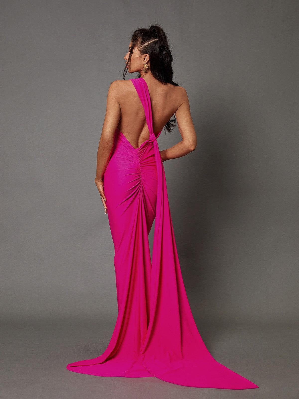 Jersey One-Shoulder Backless Draped Train Maxi Gown