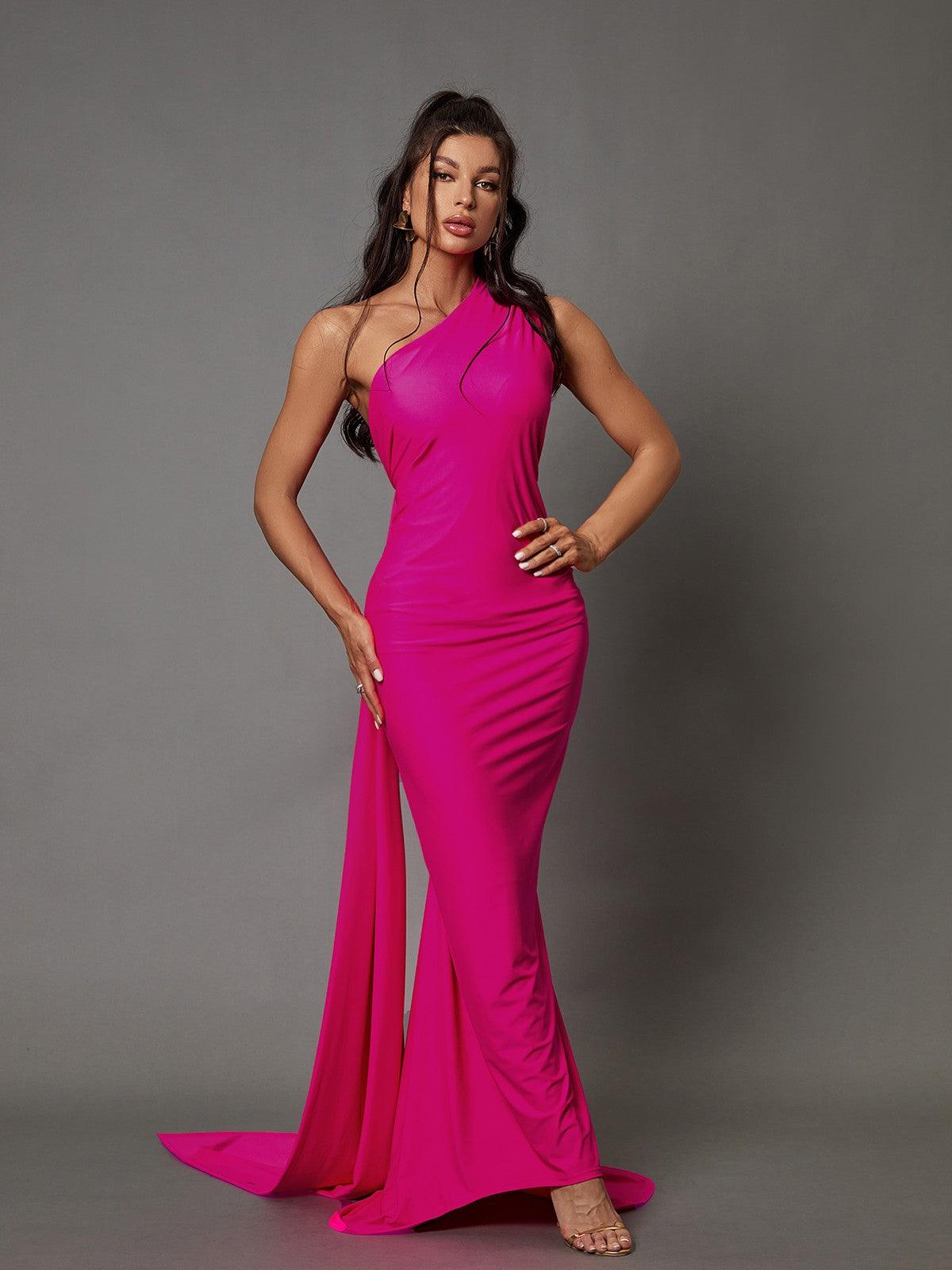 Jersey One-Shoulder Backless Draped Train Maxi Gown 3