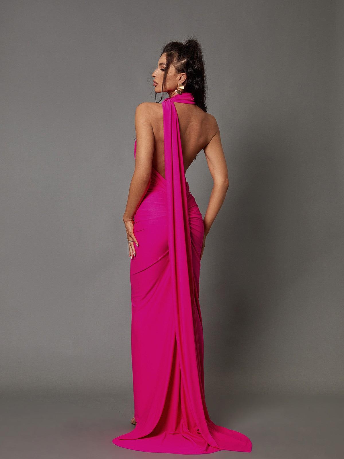Jersey One-Shoulder Backless Draped Train Maxi Gown 5