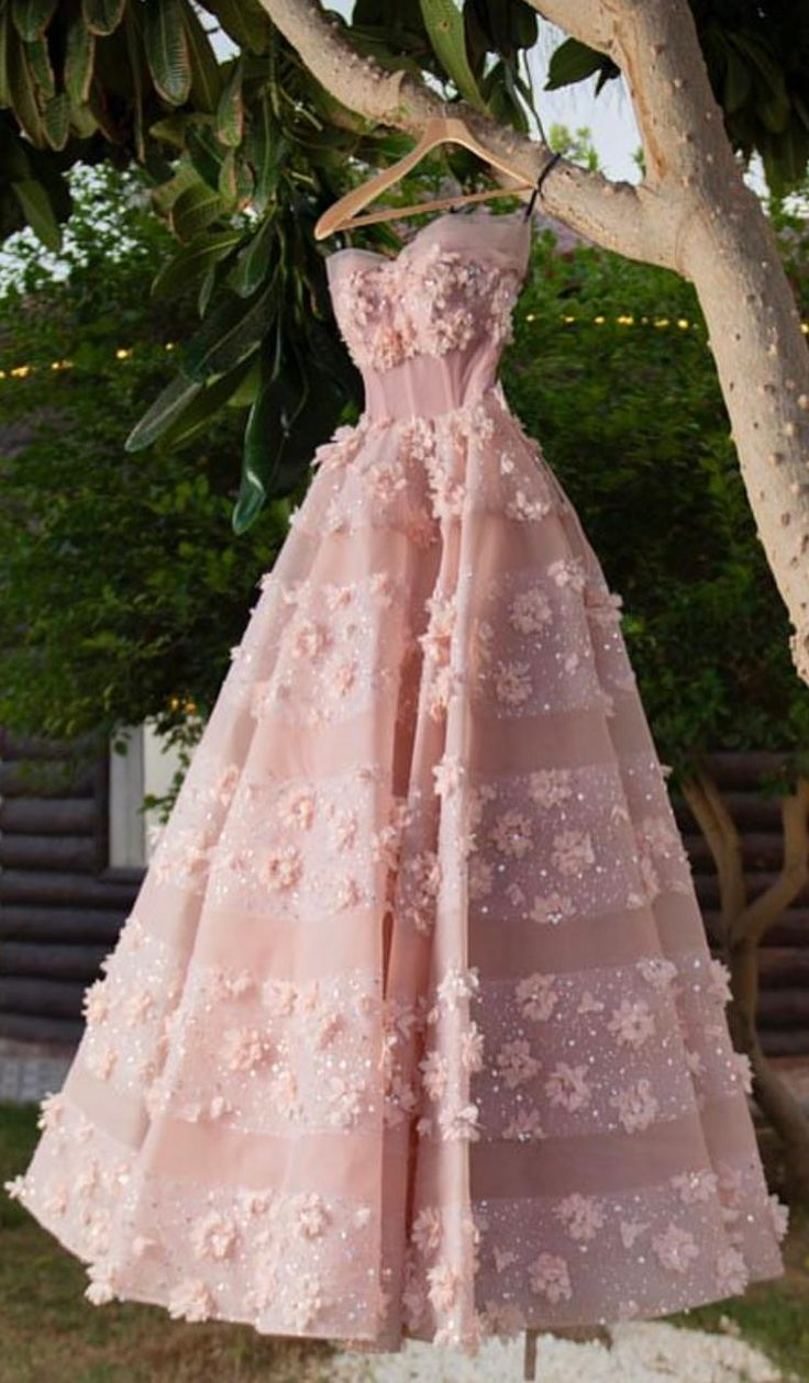 Sweet Strapless Tulle Sequin Appliques Pink Party Dress Evening Gown D1230