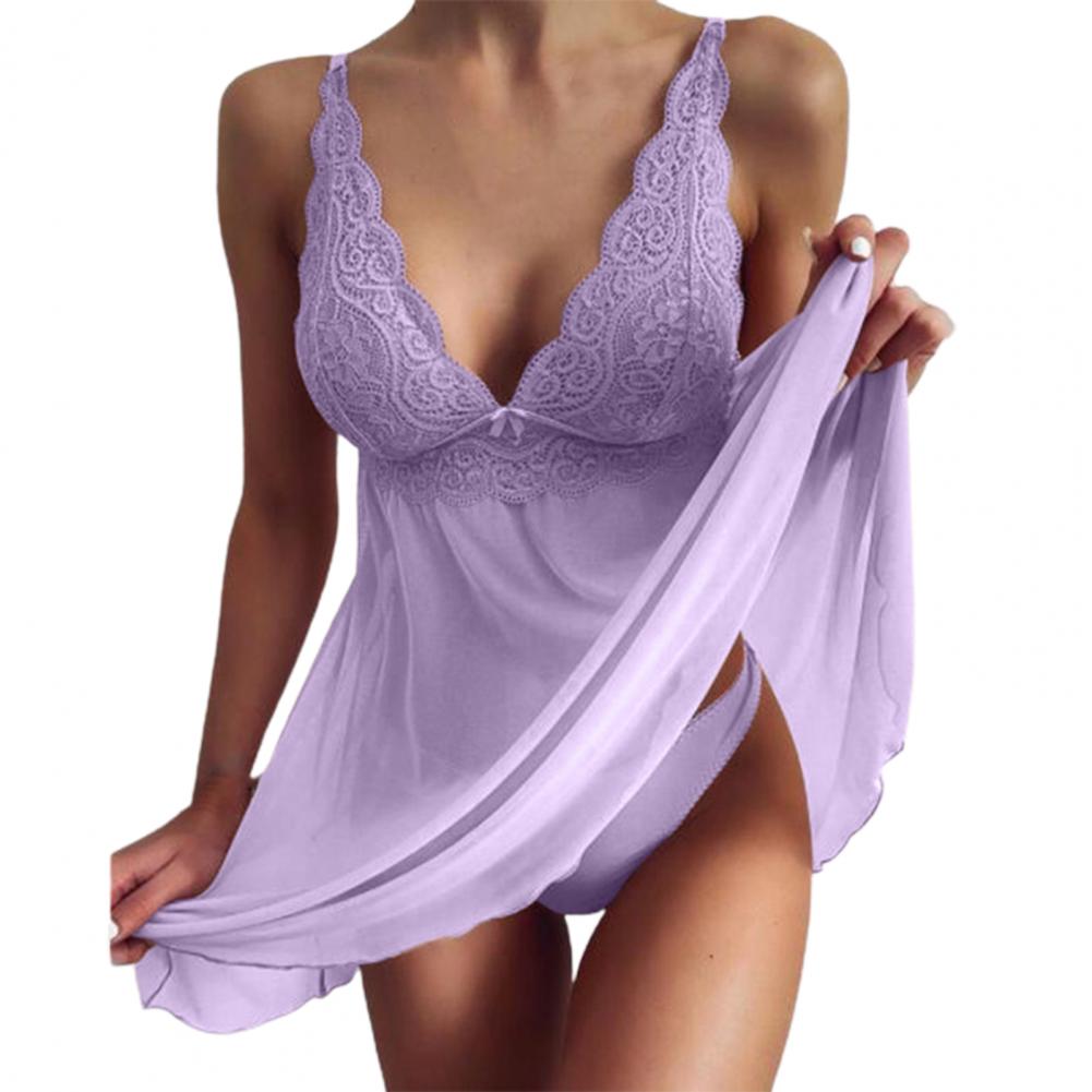2Pcs Perspective Mesh Stitching Panties Pajama Dress Set 5