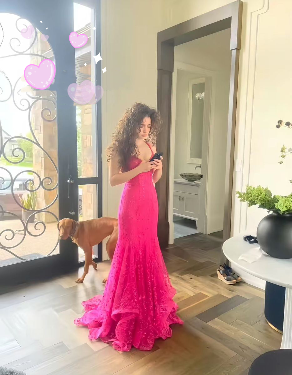 Charming Spaghetti Straps Hot Pink Tulle Mermaid Long Evening Dress Birthday Prom Dress D1743