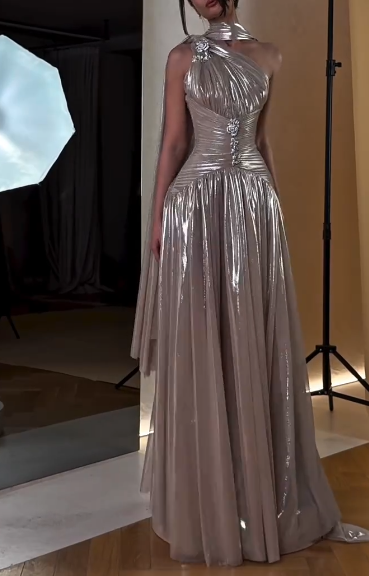 Stylish One Shoulder Satin Pleated A Line Long Prom Dress Formal Evening Dress With Scarf D816