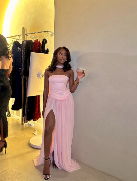 Classy Satin Chiffon Pink Strapless Slit Mermaid Prom Dress Formal Wedding Guest Dress With Ribbon D1083