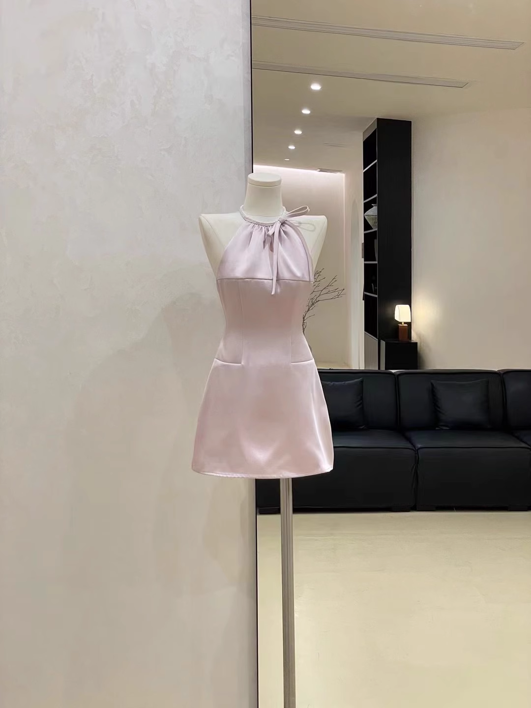 Pink Satin Halter Neck Holiday Dress A-Line Mini Party Dress S242