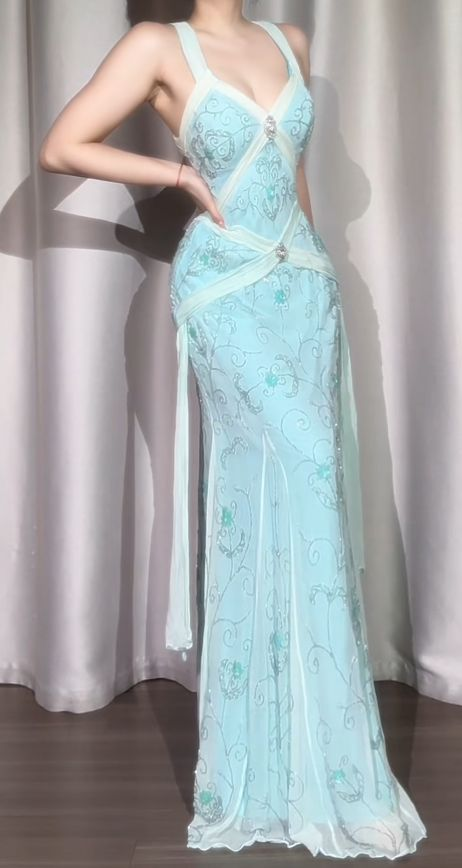 Elegant V Neck Blue Chiffon Beaded Mermaid Long Party Dress Prom Gowns D948