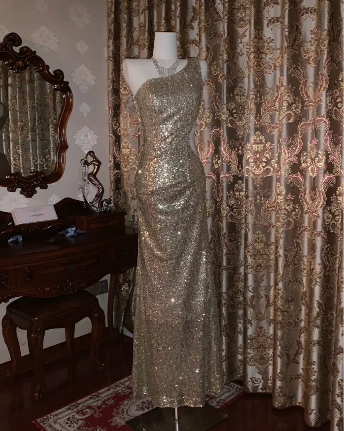 Sparkly Gold One Shoulder Sequin Mermaid Evening Dress Long Party Gown D1722
