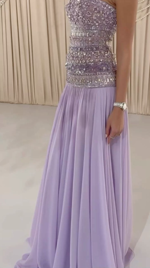 Classy Strapless Lilac Chiffon Beaded Mermaid Long Party Dress Formal Wedding Guest Dress D1744
