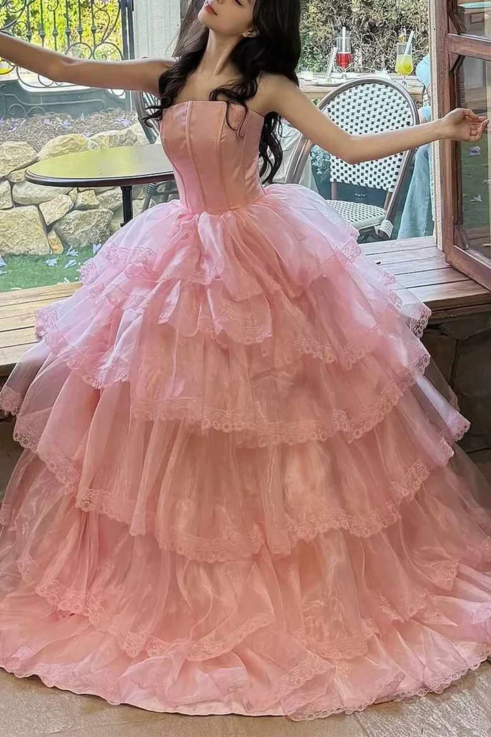 Sweet Pink Strapless Tulle Lace Layered Long Prom Gown Birthday Party Dress D1431