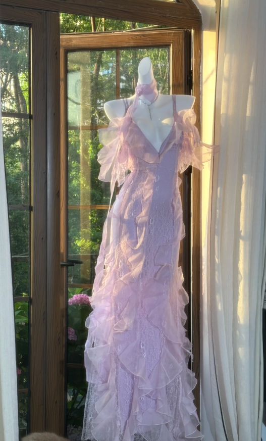 Classy Pink Spaghetti Straps V Neck Lace Chiffon Ruffle Mermaid Evening Dress Long Party Dress with Ribbon D1246