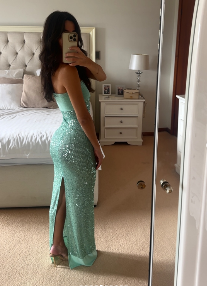 Sparkly Strapless Green Sequin Mermaid Prom Dress Long Party Gown With Ribbon D1032
