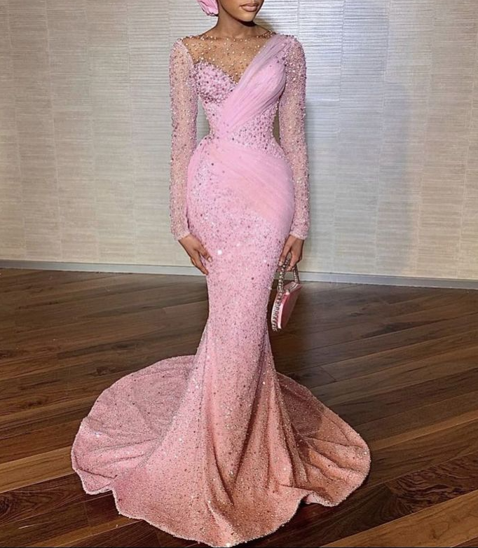Gorgeous Pink Sequin Beaded Mermaid Evening Dress Long Birthday Prom Dress D1259