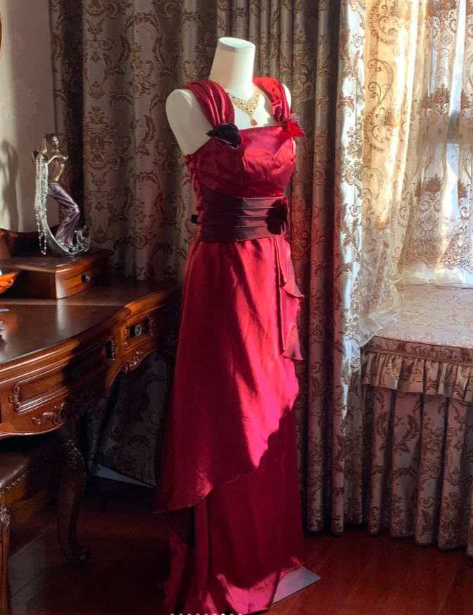 Stylish Burgundy Satin Ruffles Long Party Dress Evening Gown D1777