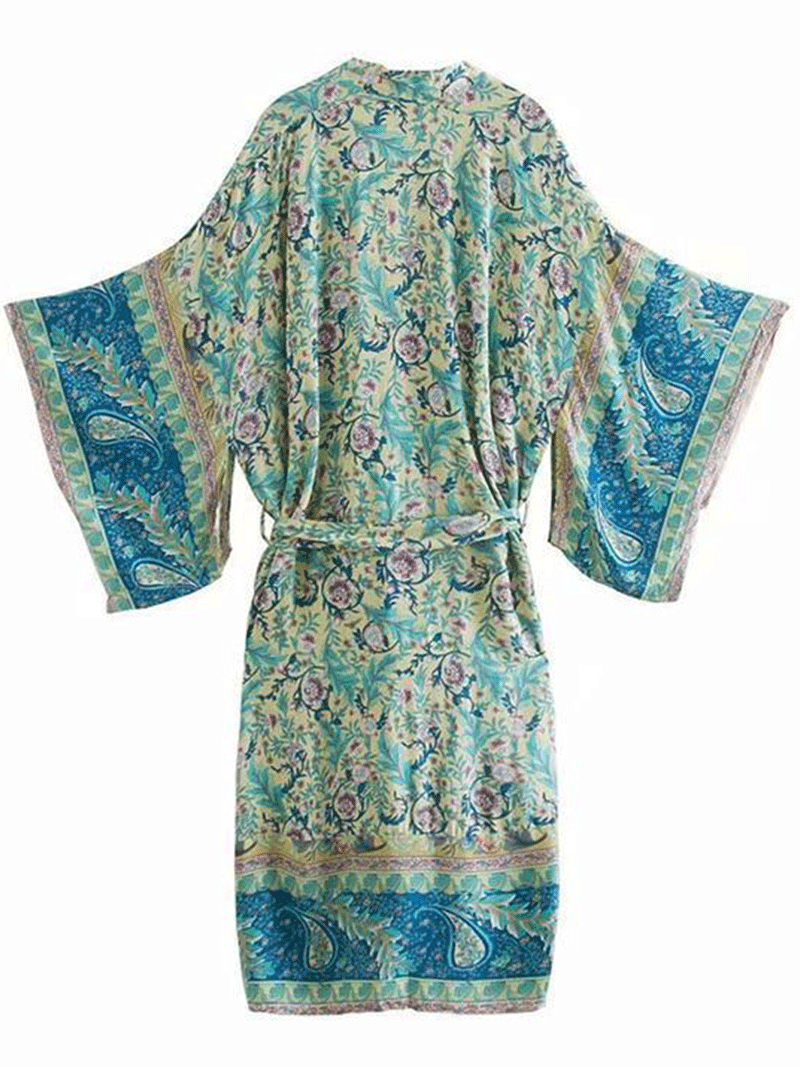 Paisley Print Green Color Cotton Long Length Gown Kimono Duster Robe - Fashionpara