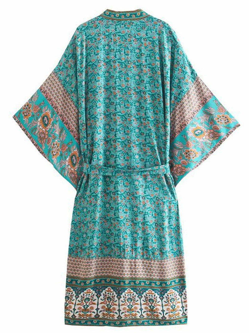 Nightwear Kimono Robe Duster Floral Print Blue Cotton Long Length Kimono - Fashionpara