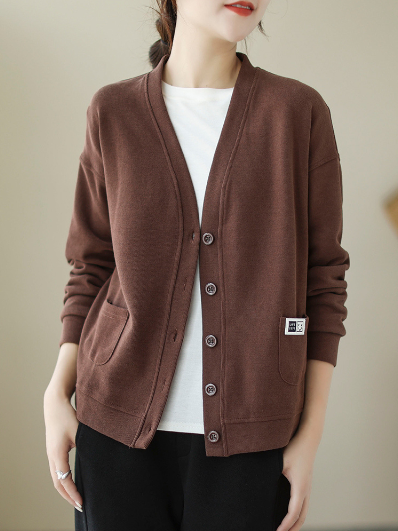 V-Neck Long-Sleeved Sweater Top Loose Solid Color Cardigan Button Sweater Jacket - Fashionpara