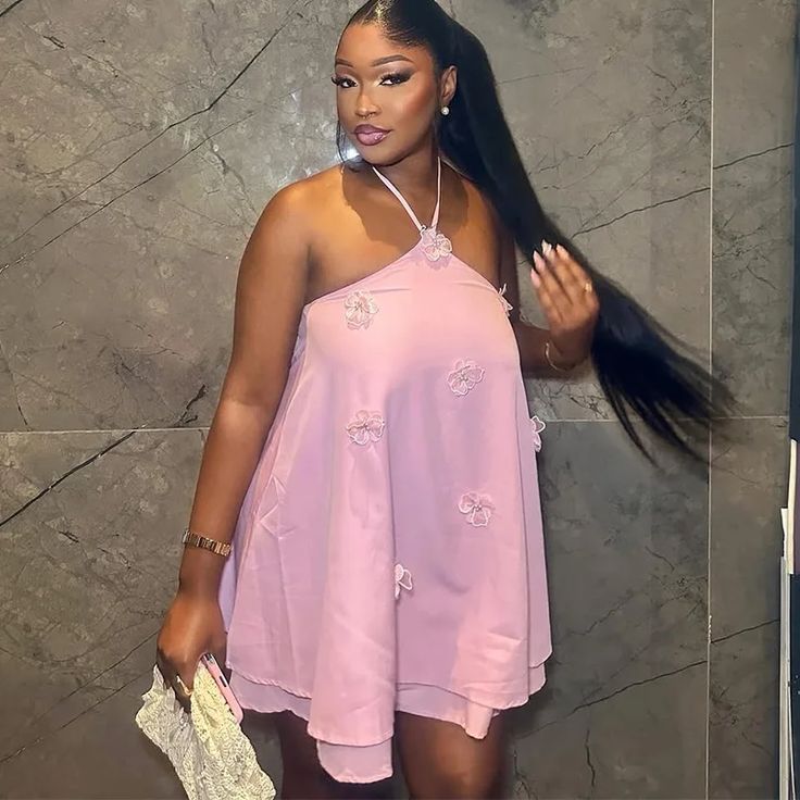 Pink Asymmetrical 3D Flower Halter Mini Dress, Elegant Summer Women's Party Dress - Fashionpara