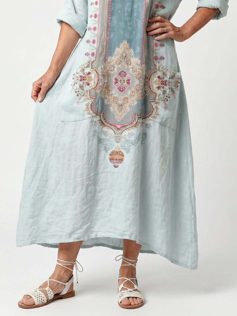 Ornate Medallion Print V-Neck Long Sleeve Linen Look Maxi Dress 2