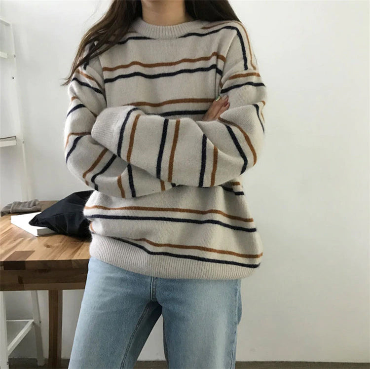 KittenAlarm - Loose O-Neck Knitted Striped Sweater