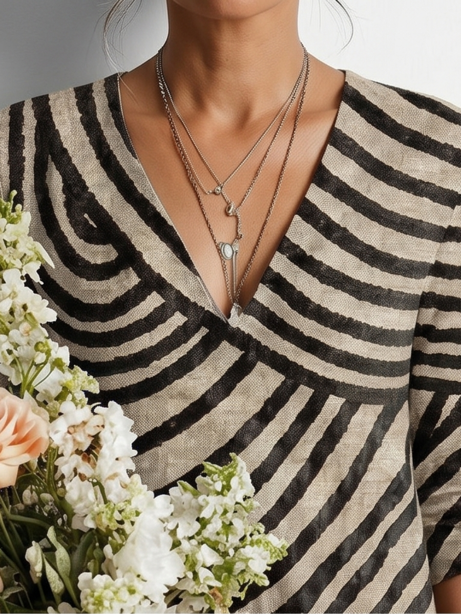 Swirl Stripe V-Neck Long Sleeve Midi Dress 4