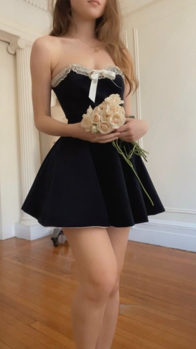 A Line Black Strapless Short Evening Dress Cocktail Dresses Short Party Dress - Fashionpara