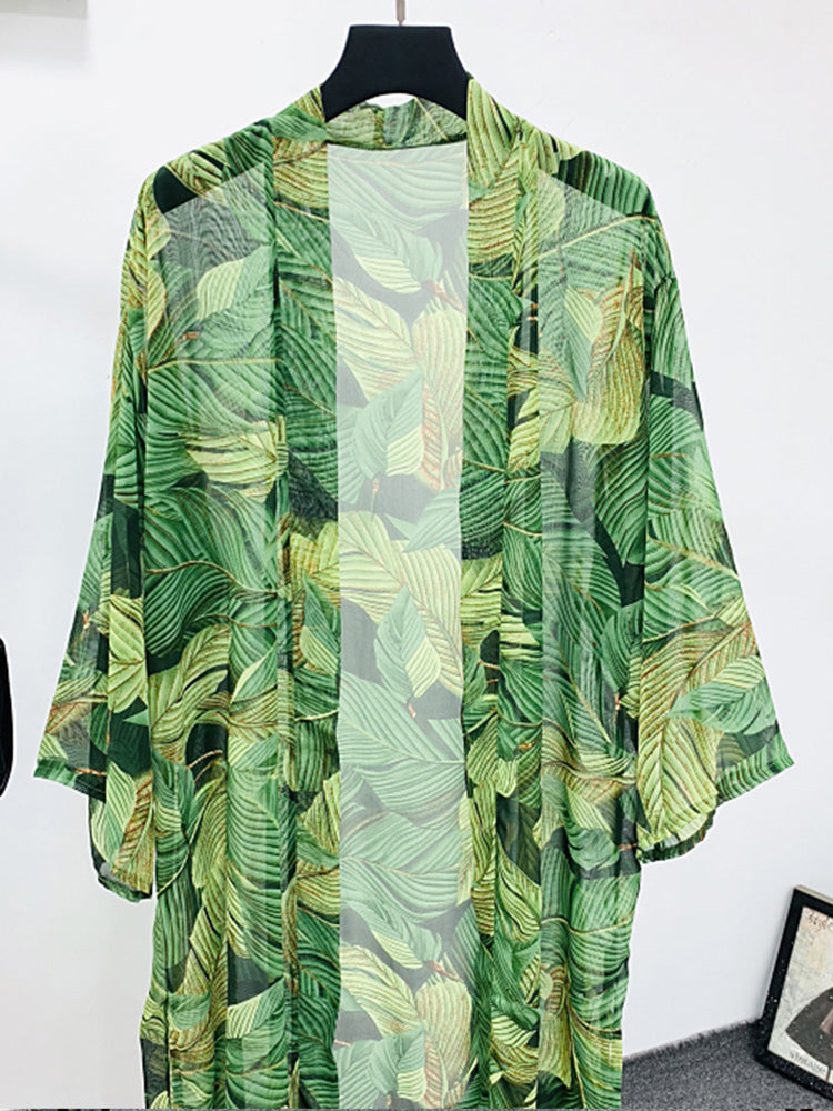 Picnic Partywear Leaf Print Green Color Polyester Long Length Gown Kimono Duster Robe - Fashionpara
