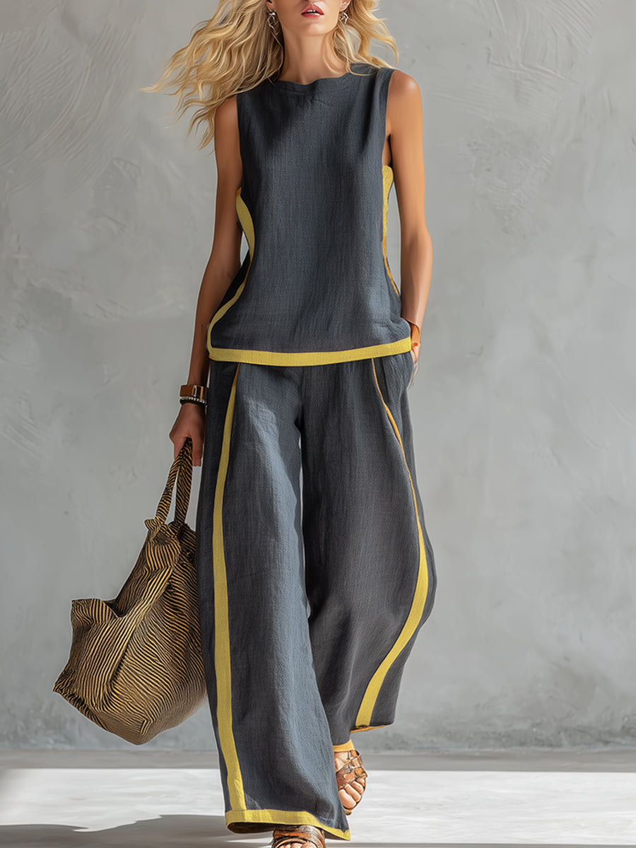 Sleeveless Contrast Trim Top and Wide Leg Pants Two Piece Set 3