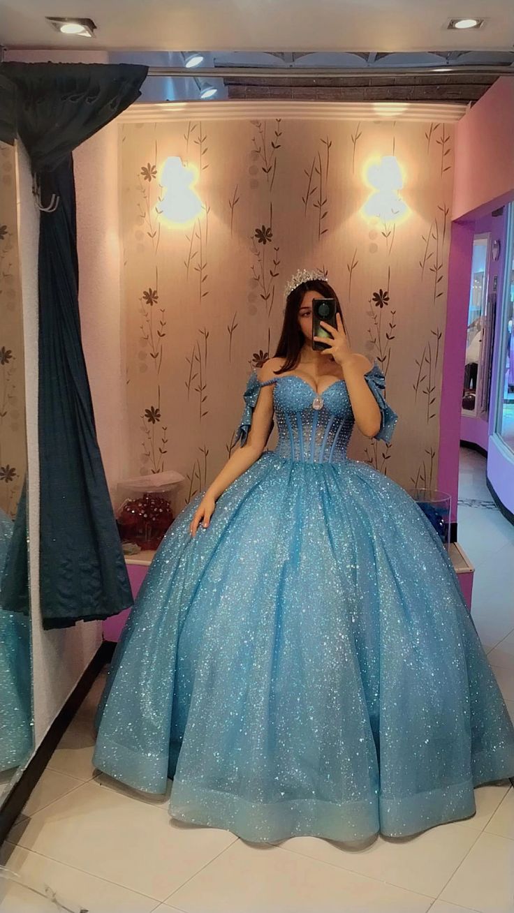 Sparkly Blue Quinceanera Dress Off Shoulder A Line Birthday Party Princess Ball Gown - Fashionpara
