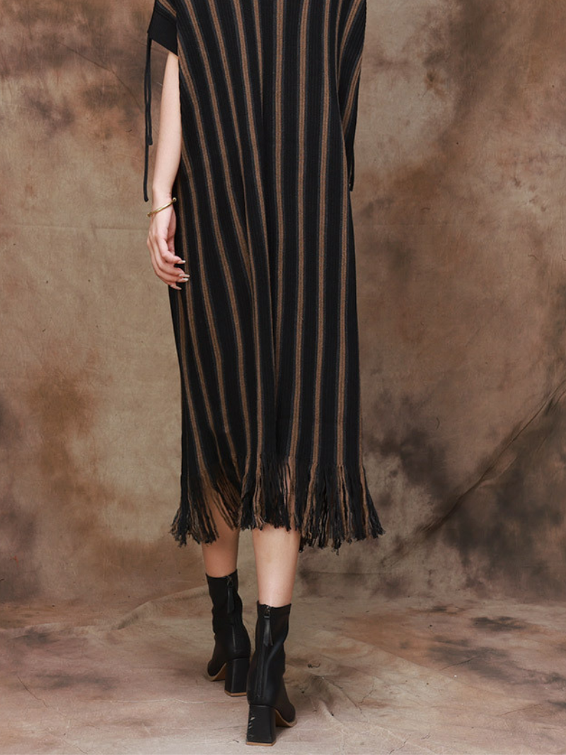 Striped Knit Round-Neck Fringe-Hem Midi Dress 3