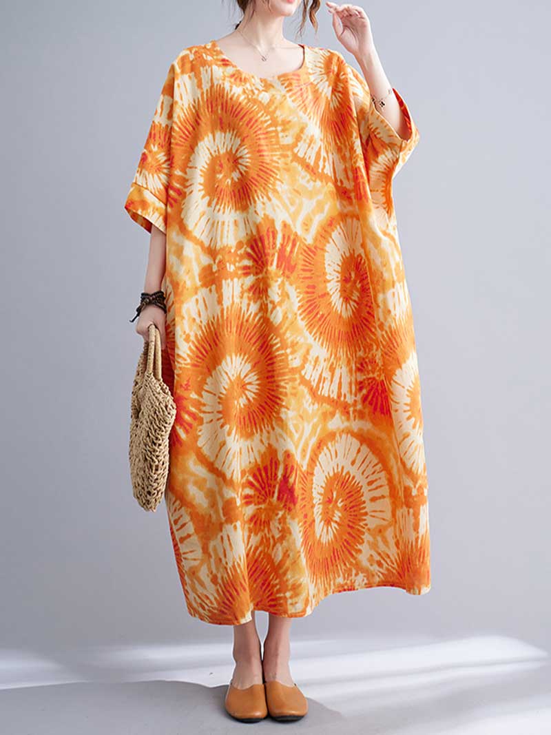 Tie-Dye Print Round Neck Short Sleeve Cocoon Midi Dress 2