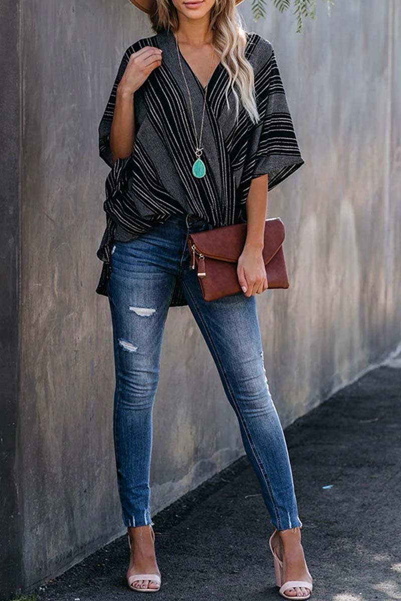 Florcoo Striped Bat Sleeve Casual Tops - Fashionpara