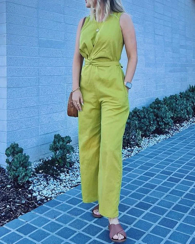 Casual Solid Color Pleated Sleeveless Pants - Fashionpara