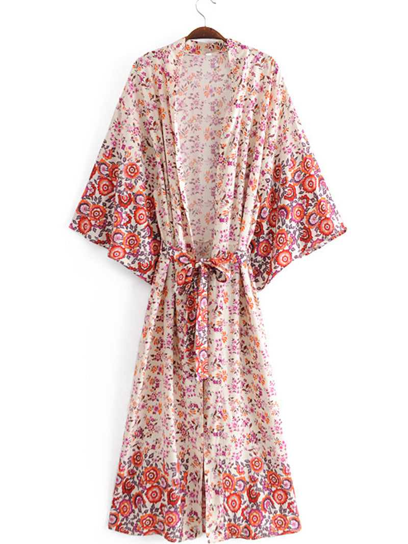 Bridal Party Wear Long Length With Floral Print Red Color Cotton Gown Kimono Duster - Fashionpara