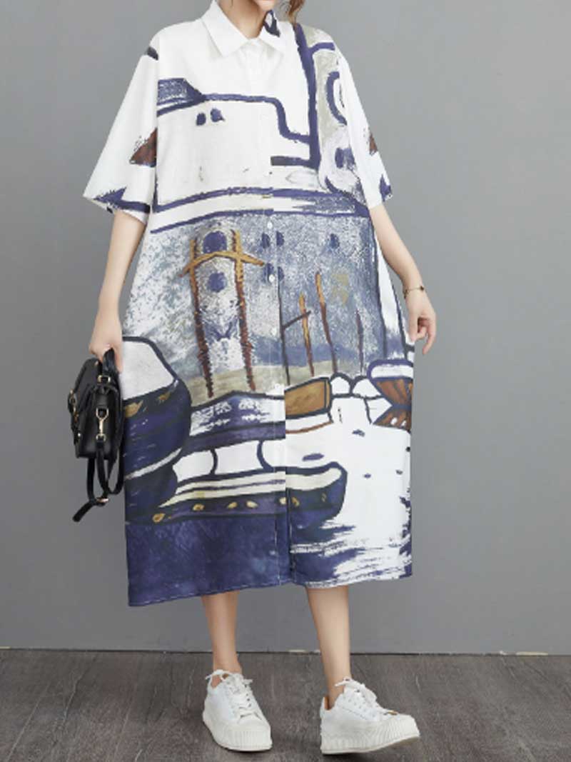 Abstract Art Print Cotton Short Sleeve A-Line Shirt Dress 5