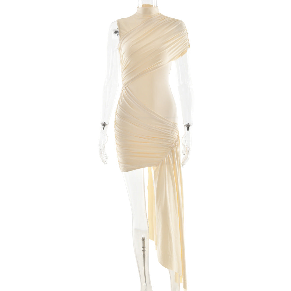 High-Neck Ruched Draped Asymmetric Mini Dress 2
