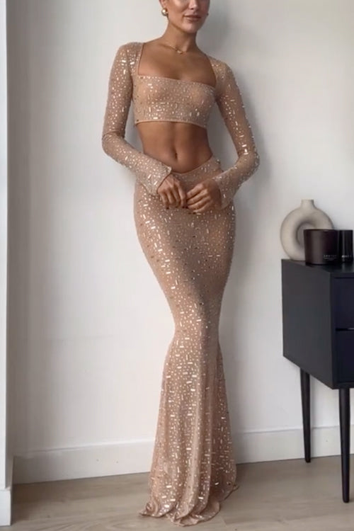 Sheer Embellished Long Sleeves Crop Top and Mermaid Maxi Skirt Set - Fashionpara