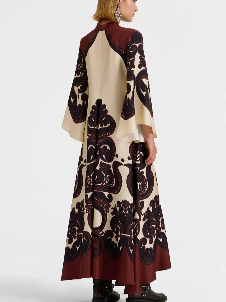Scroll Print Satin Tie Neck Bell Sleeve A-Line Maxi Dress - View 2