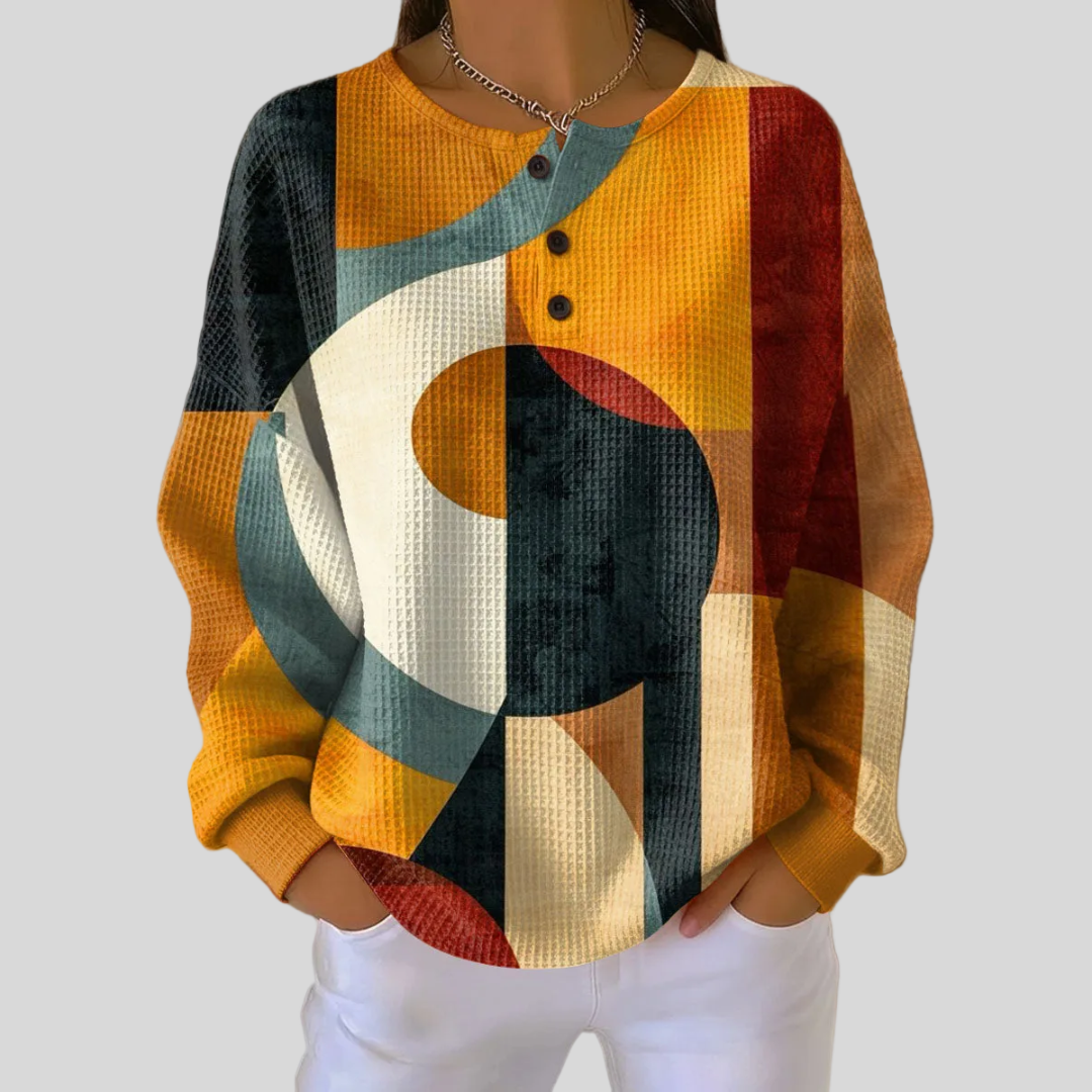 Geometric Print Waffle Knit Henley Button Long Sleeve Sweatshirt