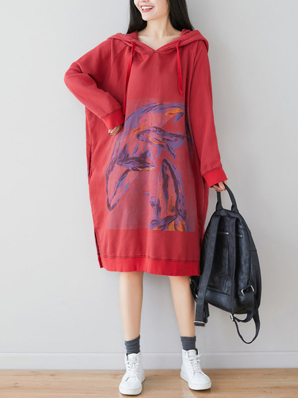 Loose Ethnic Floral Hooded Sweatshirt Dress - Fashionpara