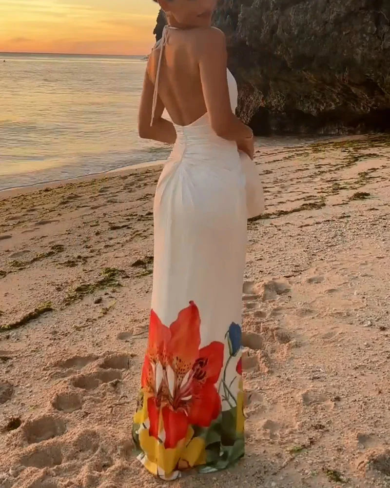 Halter neck strappy printed backless dress - Fashionpara