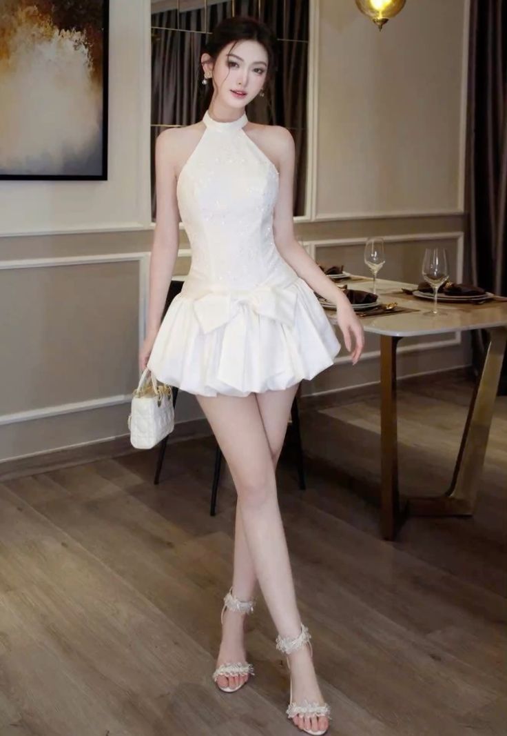 A Line White Halter Short Prom Dress Birthday Party Dress Homecoming Dress - Fashionpara