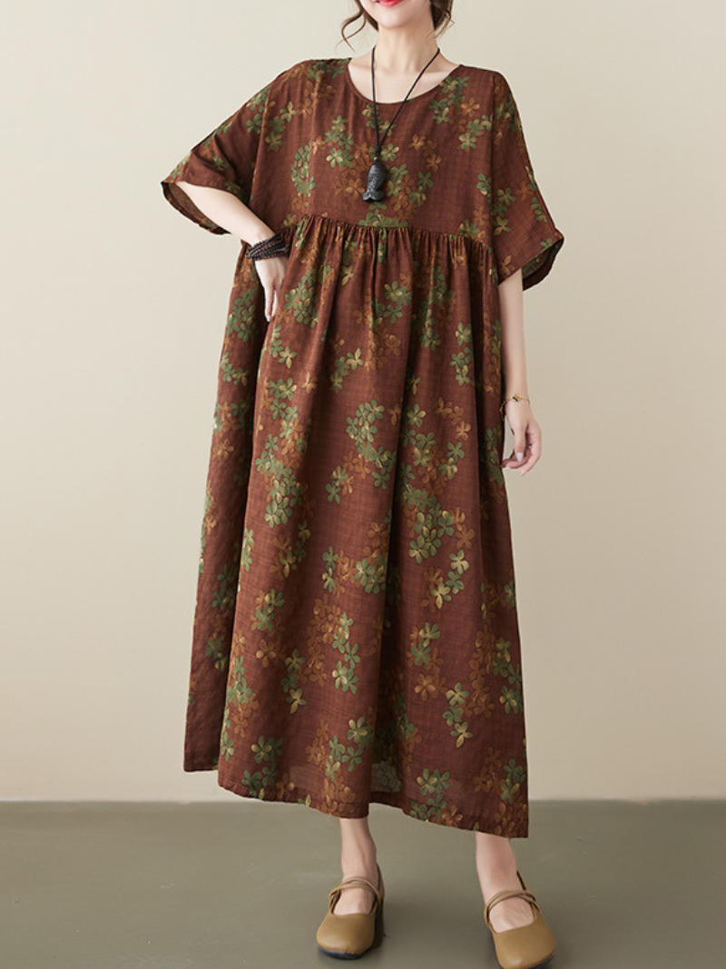 Floral Print Round Neck Short Sleeve Pleated Midi Dress