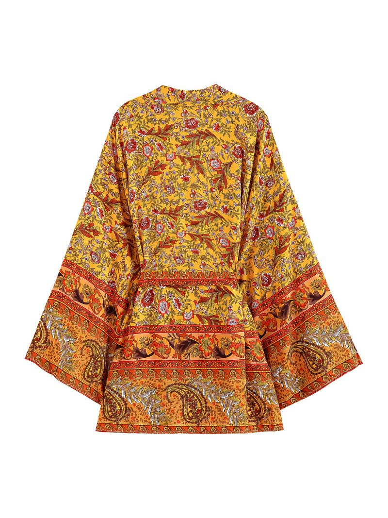 Night Wear Floral Print Yellow Cotton Short Kimono Gown Duster Robe - Fashionpara